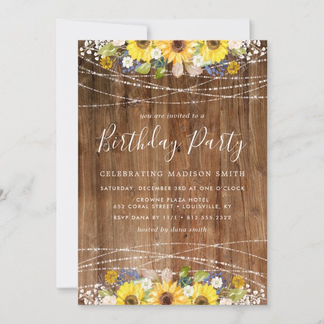 Rustic Sunflower String Lights Birthday Party Invitation (Front)