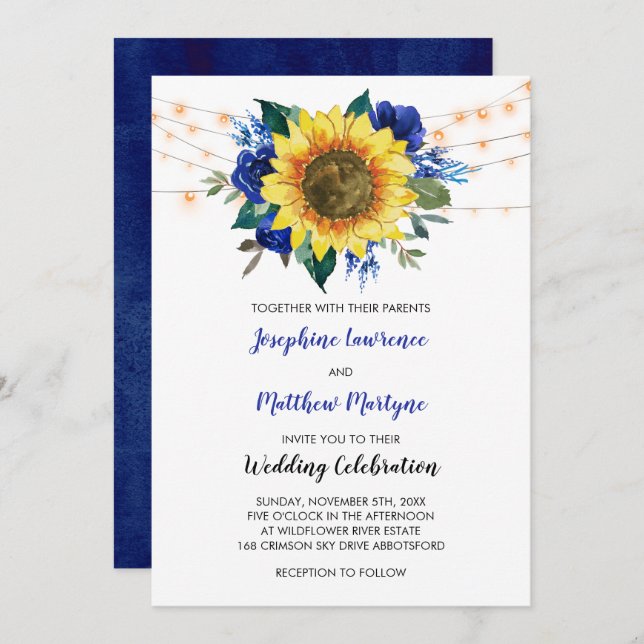 Rustic Sunflower String Lights Blue Floral Wedding Invitation (Front/Back)