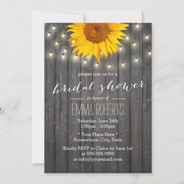 Rustic Sunflower & String Lights Bridal Shower Invitation (Front)