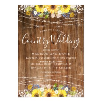 Rustic Sunflower String Lights Country Wedding Card