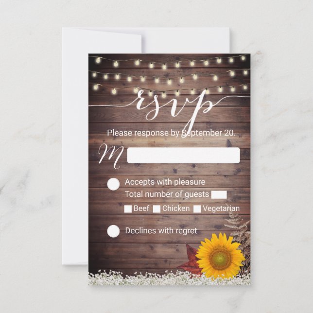Rustic Sunflower String Lights Fall Wedding RSVP Card (Front)