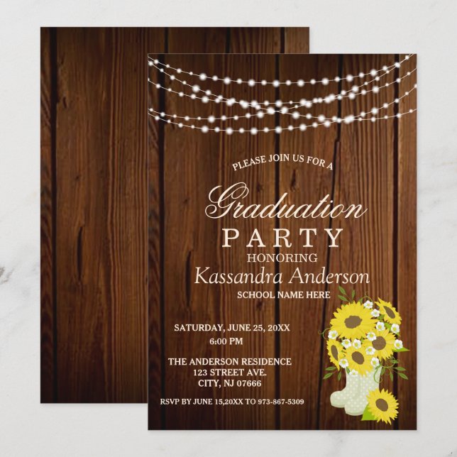 Rustic Sunflower String Lights Graduation   Invitation (Front/Back)