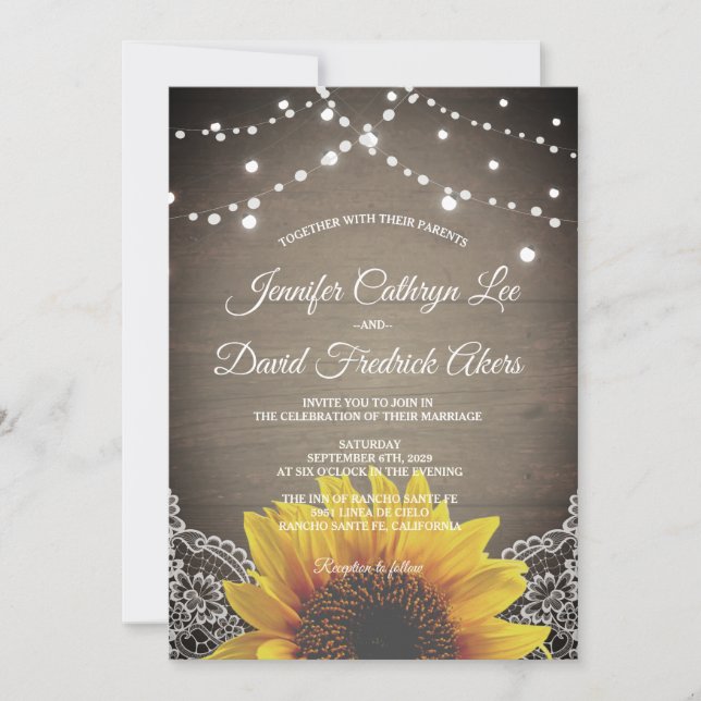 Rustic Sunflower String Lights Lace Barn Wedding Invitation (Front)
