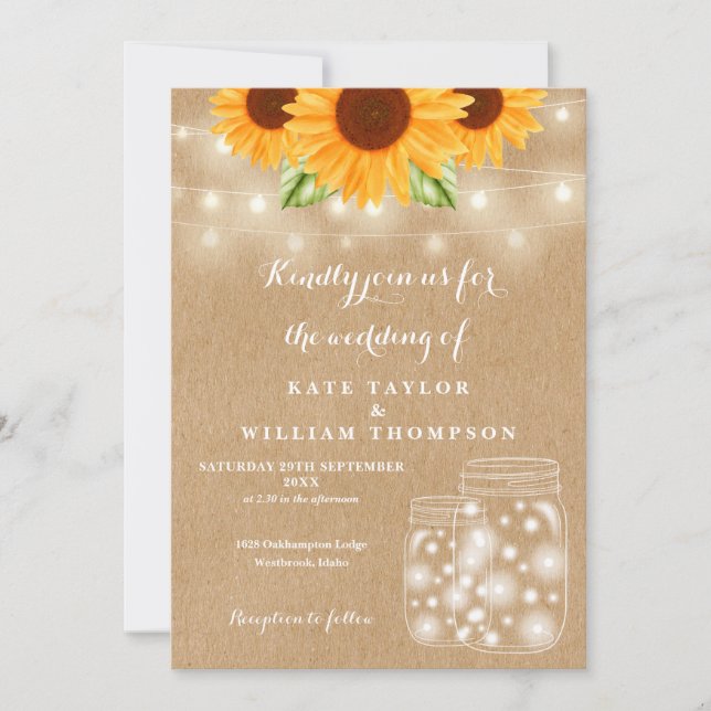 Rustic Sunflower String Lights Mason Jar Wedding Invitation (Front)