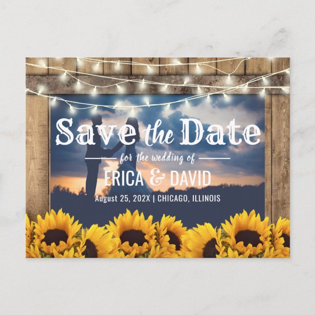 Rustic Sunflower String Lights Photo Save the Date Announcement Postcard (Front)
