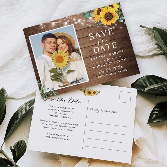 Rustic Sunflower String Lights Photo Save the Date Postcard (Creator Uploaded)