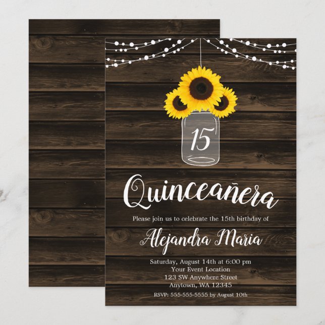 Rustic Sunflower String Lights Quinceanera Invites (Front/Back)