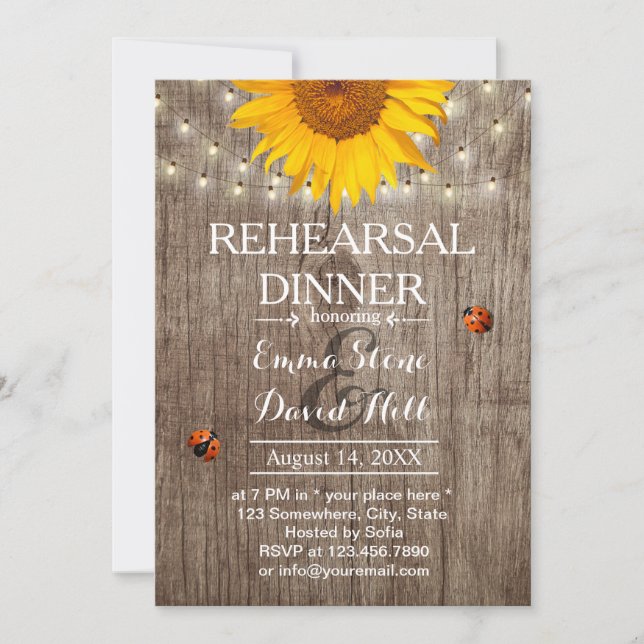 Rustic Sunflower & String Lights Rehearsal Dinner Invitation (Front)