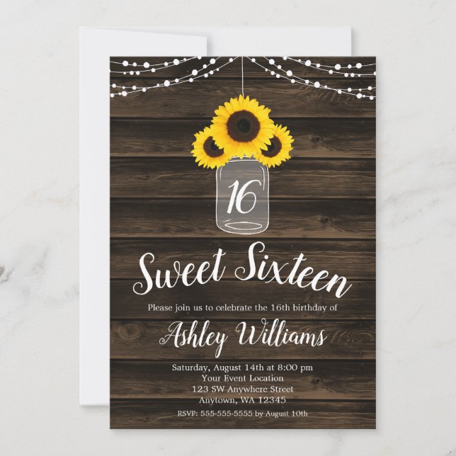 Rustic Sunflower String Lights Sweet 16 Invites (Front)