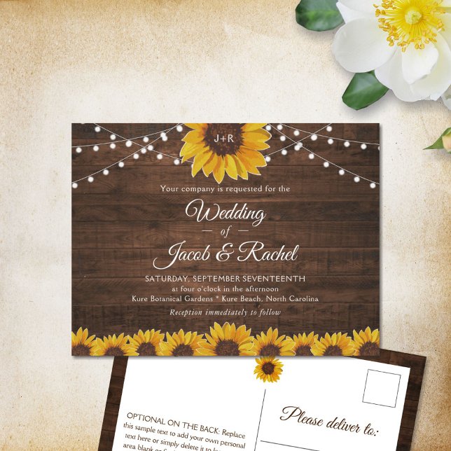 Rustic Sunflower String Lights Wedding Invitation Postcard (Creator Uploaded)