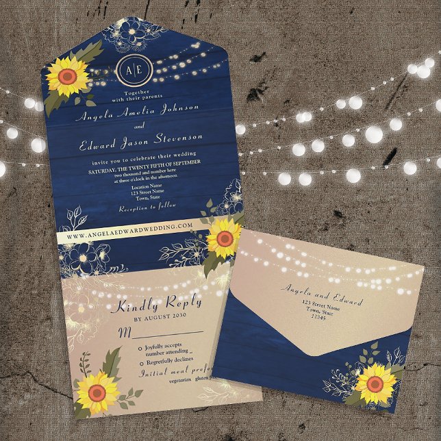Rustic Sunflower String Lights Wedding Invite (Creator Uploaded)