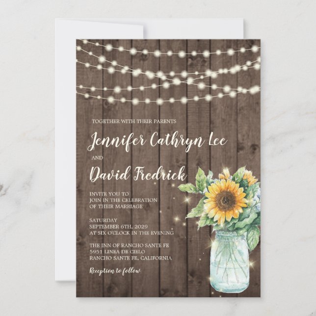 Rustic Sunflower String Lights Wedding Invite © (Front)