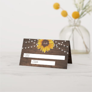 Rustic Sunflower String Lights Wedding Place Card