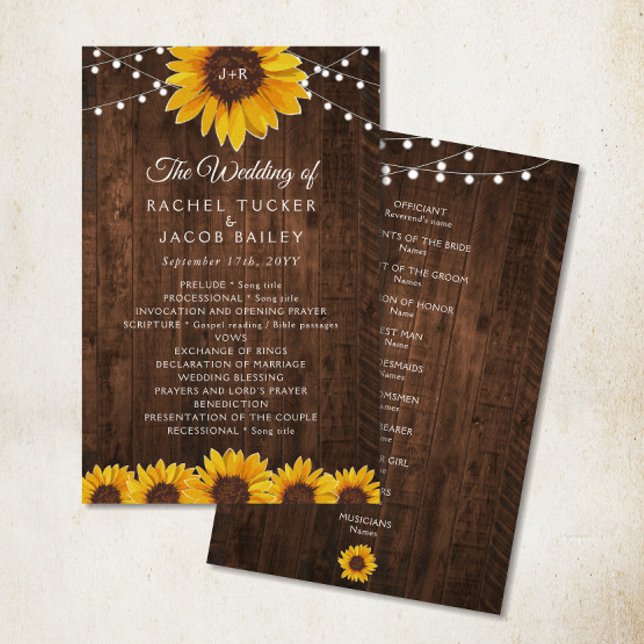 Rustic Sunflower String Lights Wedding Program (Rustic sunflowers and string lights on wood wedding program)