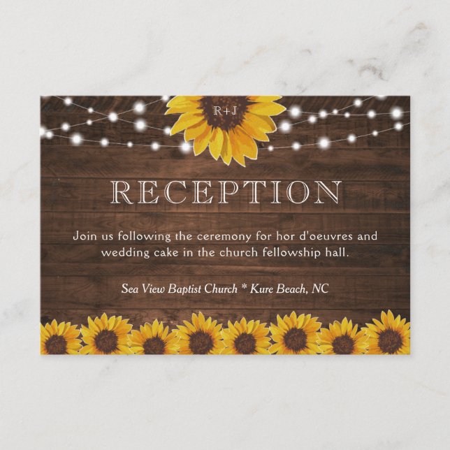 Rustic Sunflower String Lights Wedding Reception Enclosure Card (Front)