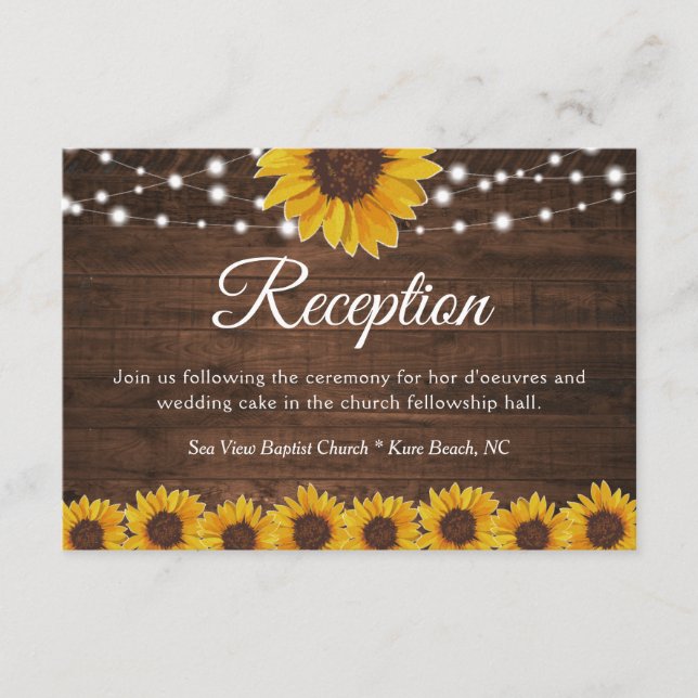 Rustic Sunflower String Lights Wedding Reception Enclosure Card (Front)