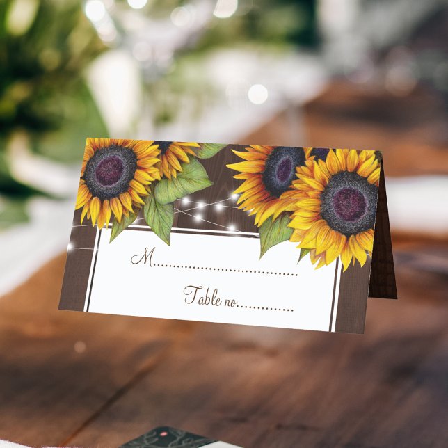 Rustic sunflower string lights wedding table place card (Creator Uploaded)