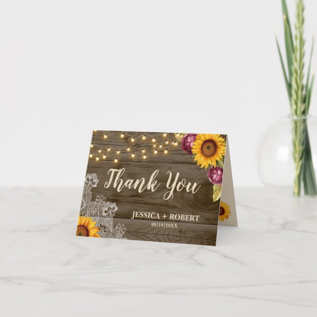 Rustic Sunflower String Lights Wedding Thank You C (Front)