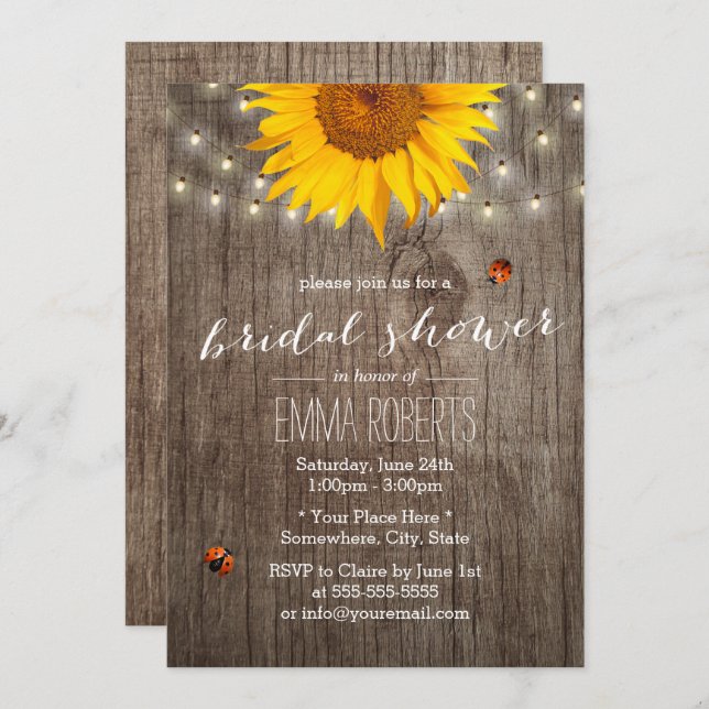 Rustic Sunflower String Lights Wood Bridal Shower Invitation (Front/Back)