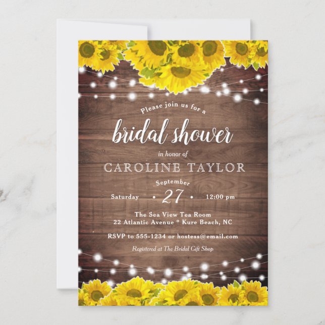 Rustic Sunflower String Lights Wood Bridal Shower Invitation (Front)