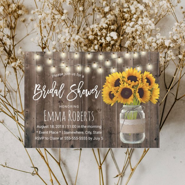 Rustic Sunflower String Lights Wood Bridal Shower Invitation (Creator Uploaded)