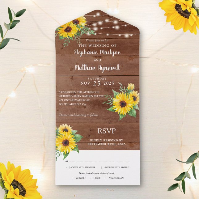 Rustic Sunflower String Lights Wood Wedding All In One Invitation (Creator Uploaded)