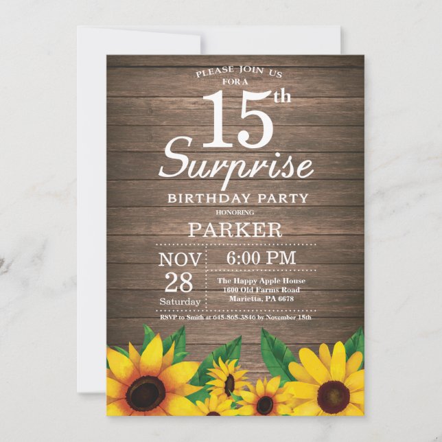 Rustic Sunflower Surprise 15th Birthday Invitation (Front)