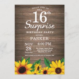 Rustic Sunflower Surprise 16th Birthday Invitation
