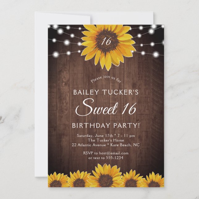 Rustic Sunflower Sweet 16 Birthday String Lights I Invitation (Front)