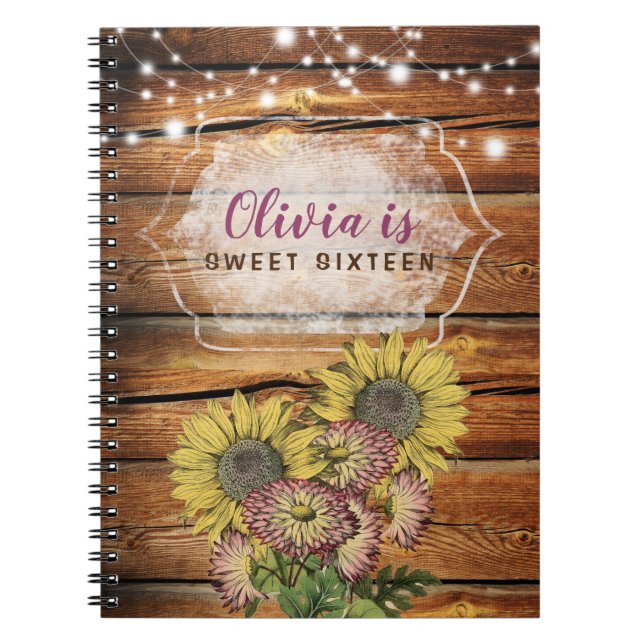 Rustic Sunflower Sweet Sixteen Personalized Notebook (Front)