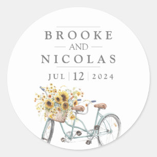 Rustic Sunflower Tandem Bicycle Watercolor Wedding Classic Round Sticker