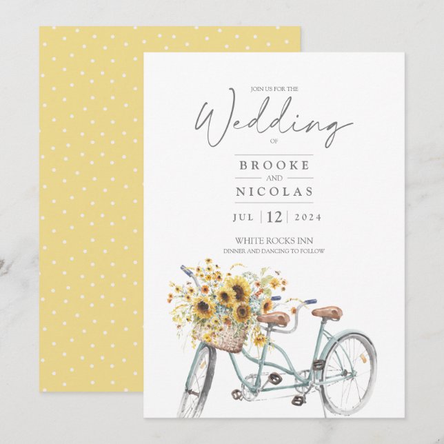 Rustic Sunflower Tandem Bicycle Watercolor Wedding Invitation (Front/Back)