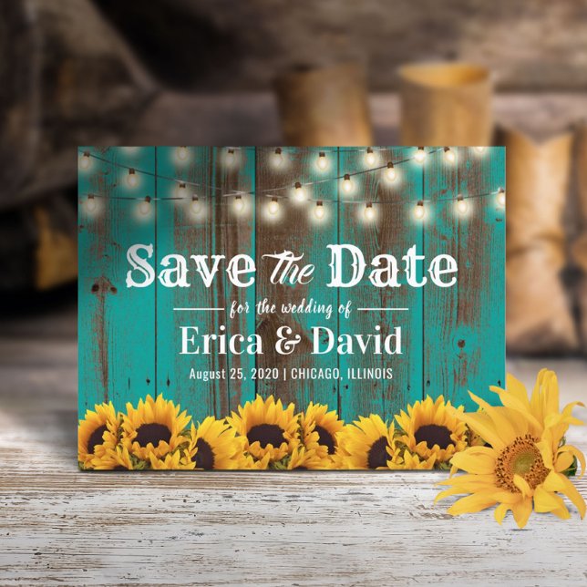 Rustic Sunflower Teal Barn Wood Save the Date Announcement Postcard (Creator Uploaded)