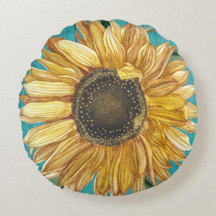 Rustic Sunflower Teal Blue Barn Wood Cottagecore Round Pillow