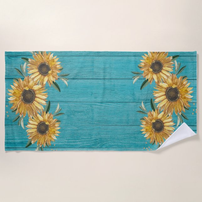 Rustic Sunflower Teal Blue Barn Wood Country   Beach Towel (Front)