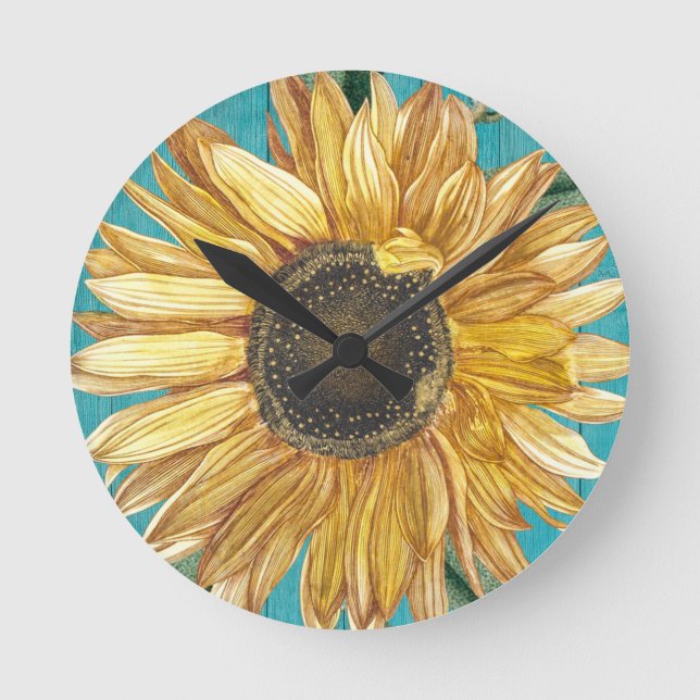 Rustic Sunflower Teal Blue Barn Wood Country  Round Clock (Front)