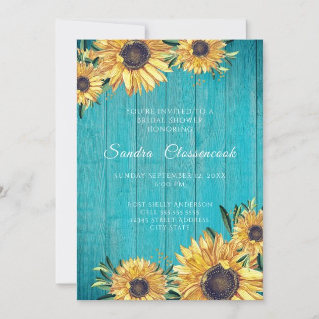 Rustic Sunflower Teal Wood Wedding Bridal Shower I Invitation (Front)