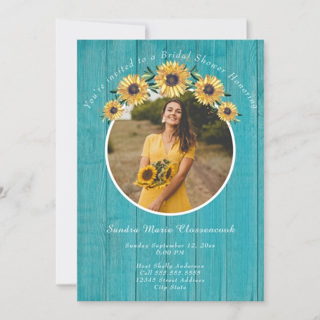 Rustic Sunflower Teal Wood Wedding Bridal Shower   Invitation (Front)