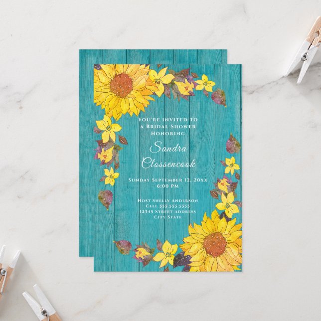 Rustic Sunflower Teal Wood Wedding Bridal Shower Invitation (Front/Back In Situ)