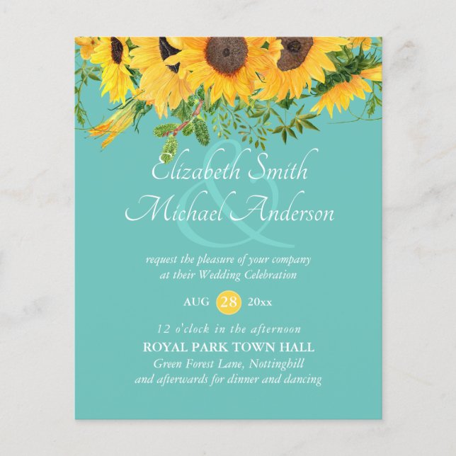 Rustic Sunflower Themed Wedding Stationery Budget (Front)