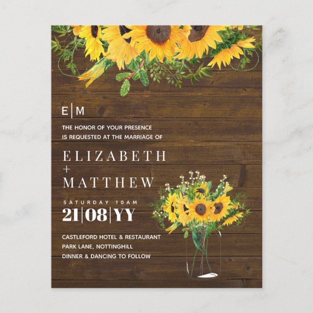 Rustic Sunflower Themed Wedding Stationery Budget (Front)