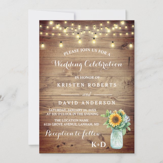 Rustic sunflower vase and Lights wedding Invitation (Front)