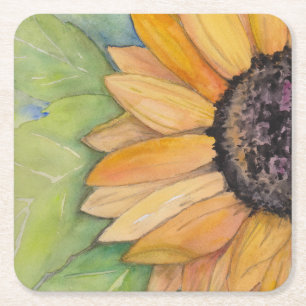 Rustic Sunflower Watercolor Art Square Paper Coaster