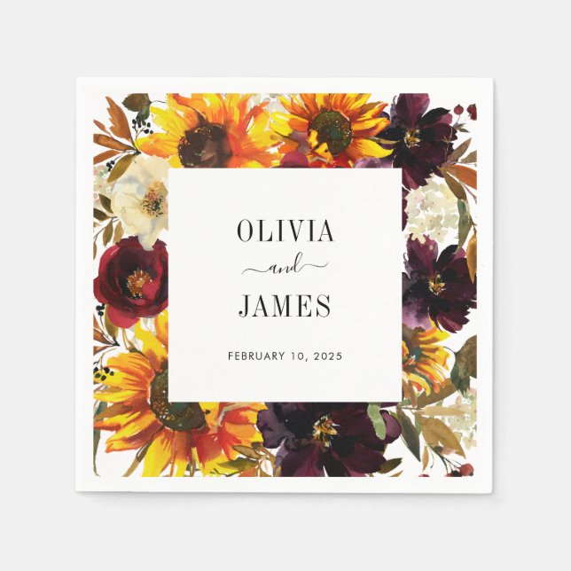 Rustic Sunflower Watercolor Burgundy Floral Fall Napkin (Front)