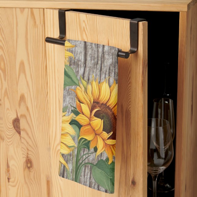 Rustic Sunflower & Weathered Grey Barnboard Kitchen Towel (Thirds Fold)