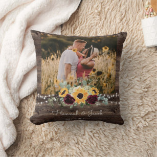 Rustic Sunflower Wedding Couple Photo Fleece Blank Throw Pillow