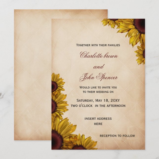 Rustic Sunflower Wedding Invitations (Front/Back)