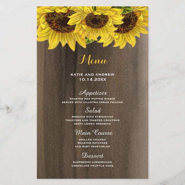 Rustic Sunflower Wedding Menu (Front)