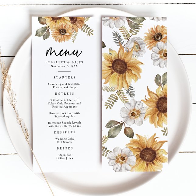 Rustic Sunflower Wedding Menu (Rustic Watercolor Sunflower Floral Wedding Menu by Painted Paperie
)