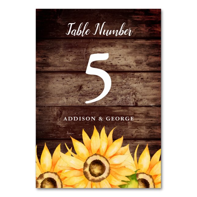 Rustic Sunflower Wedding Table Number (Front)